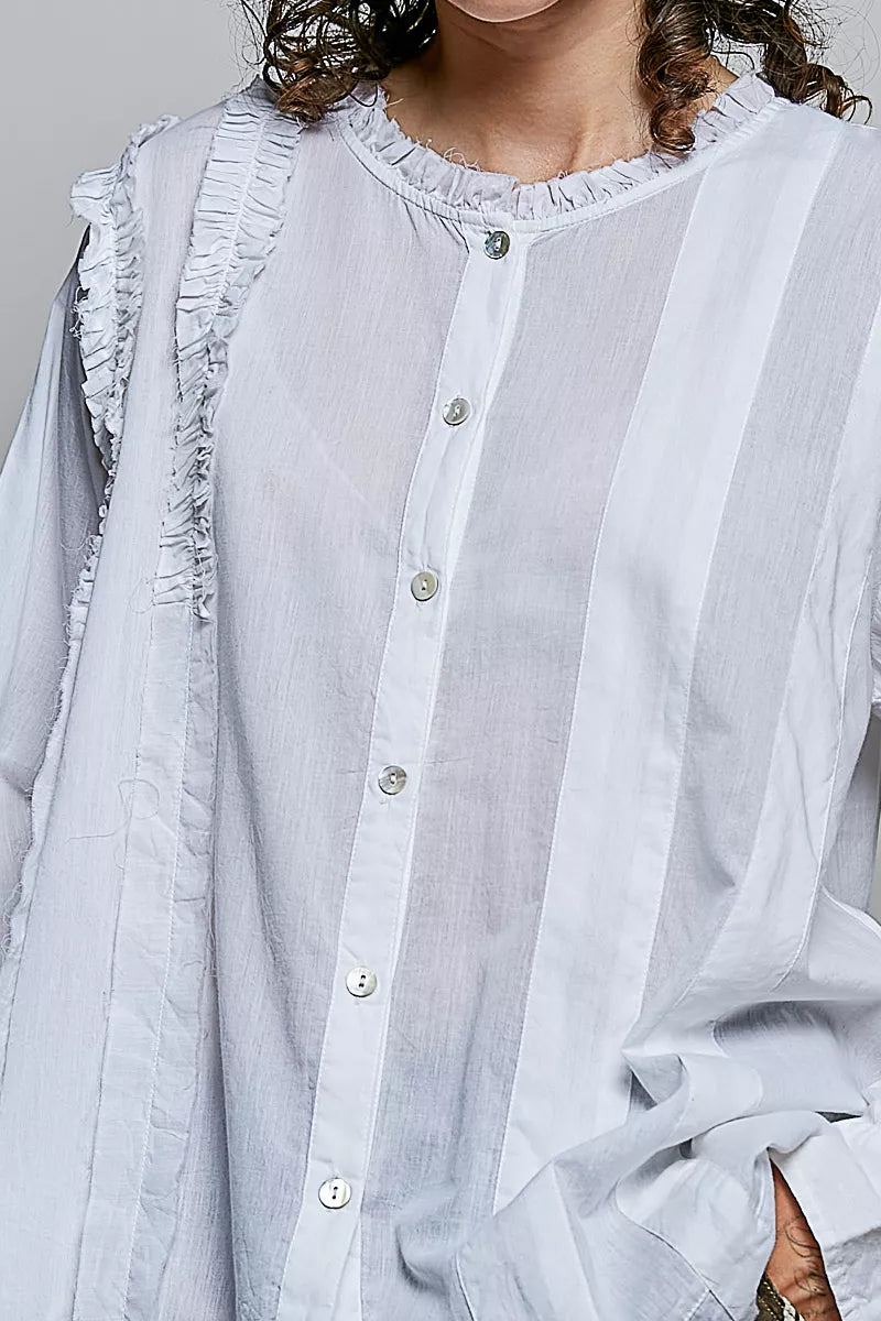 POL Lightweight Ruffle Trim Round Neck Woven Shirt