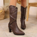 Riveted Criss-Cross Strap Heeled Boots