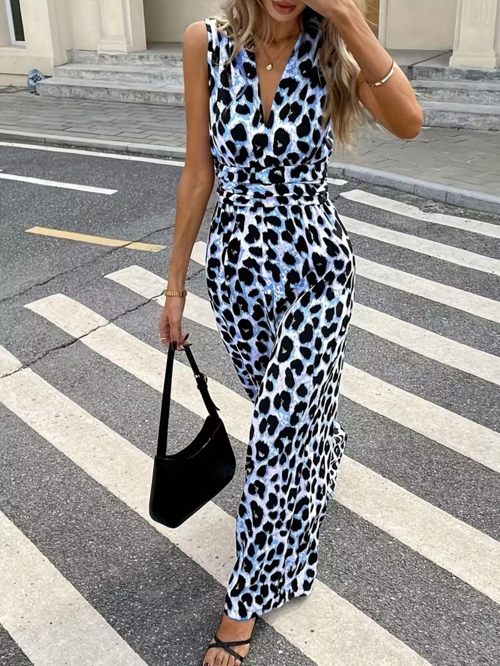 Sleeveless V-Neck Leopard Print Wide Leg Jumpsuit