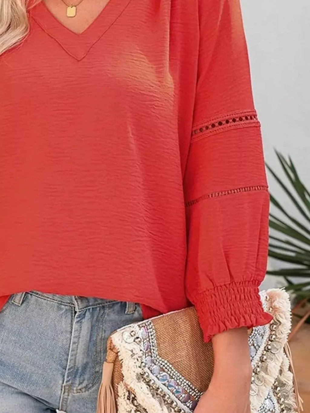Solid Color Smocked Long Sleeve Blouse