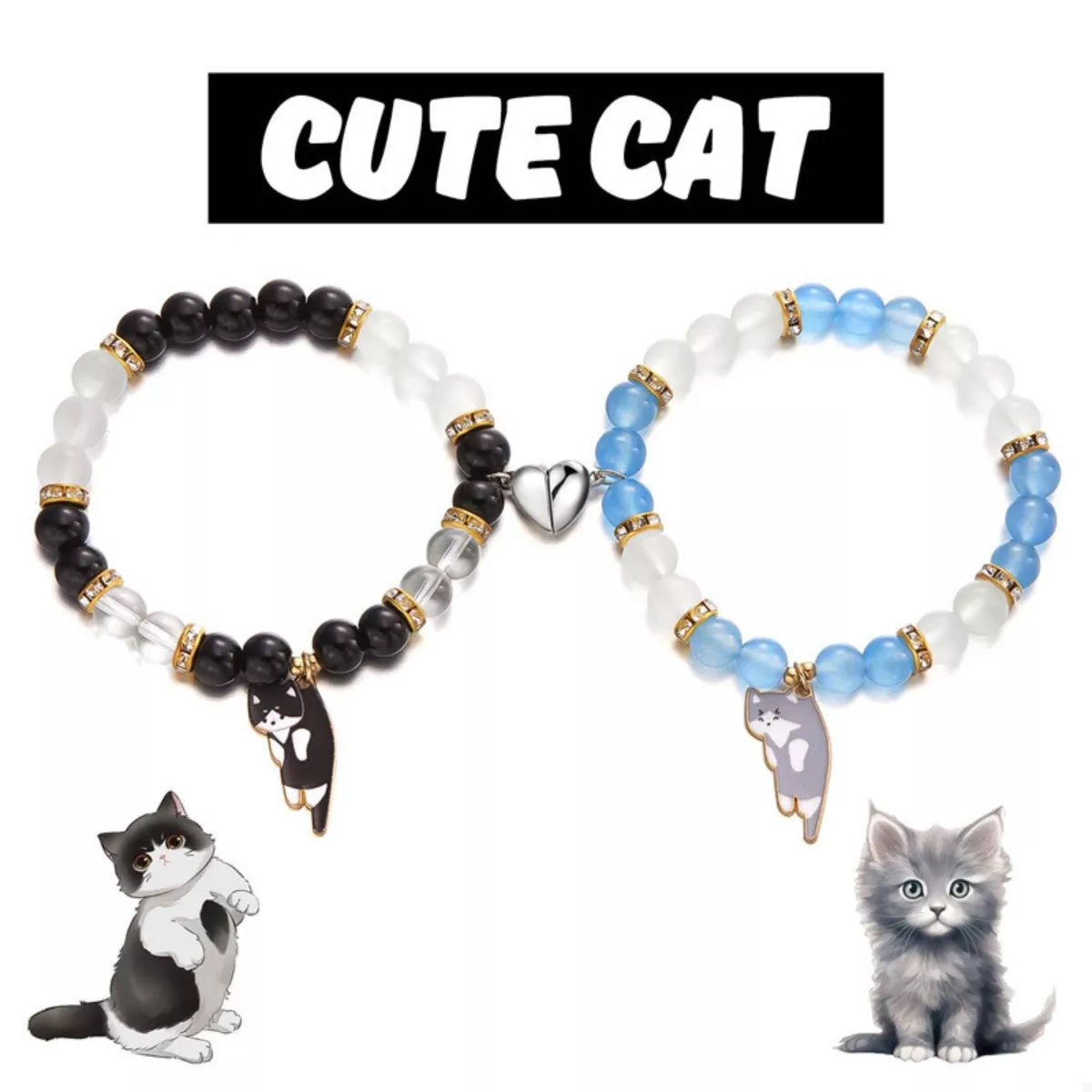 2 Piece Beaded Cat Charm Bracelet