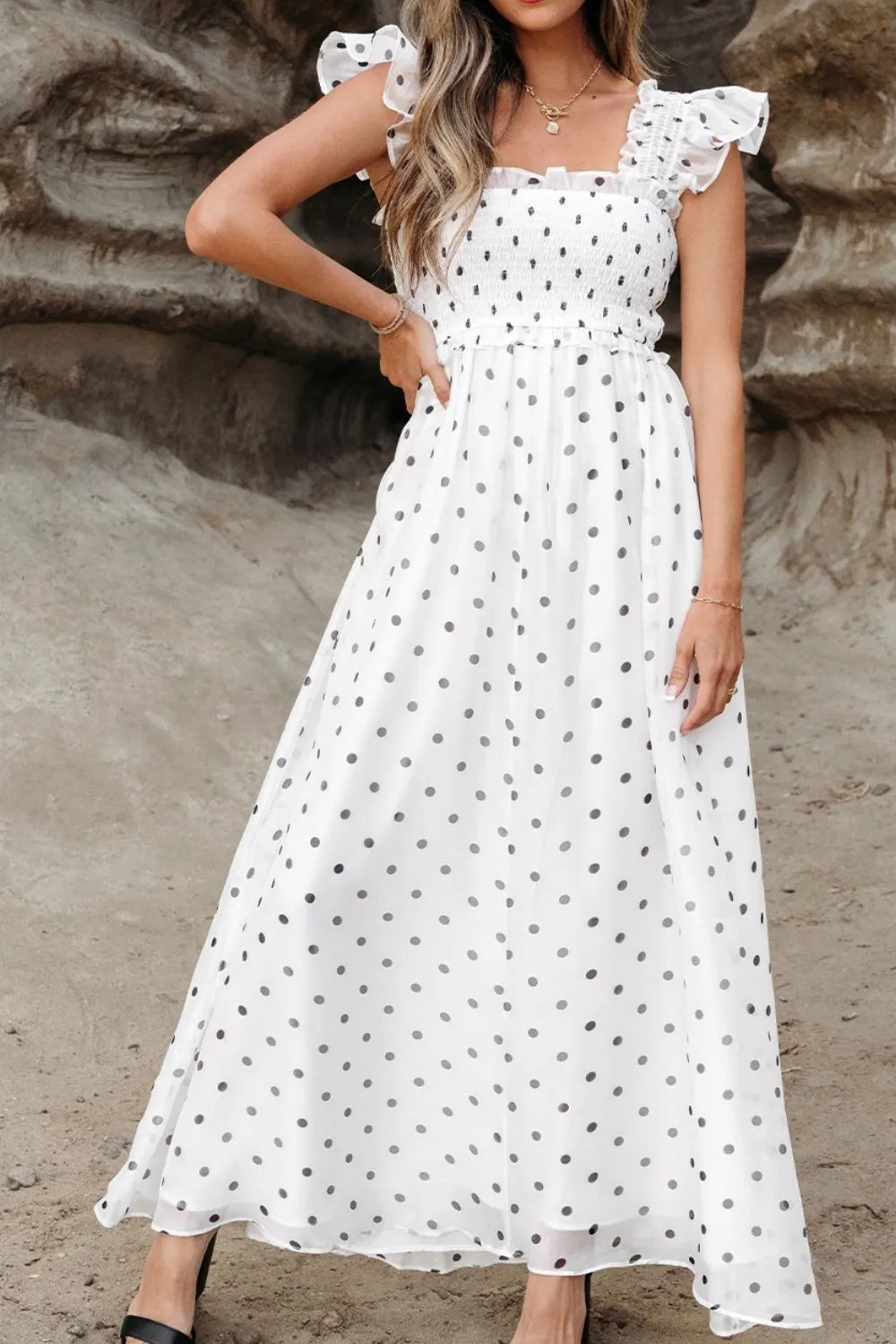Polka Dot Ruffle Sleeve Smocked Midi Dress
