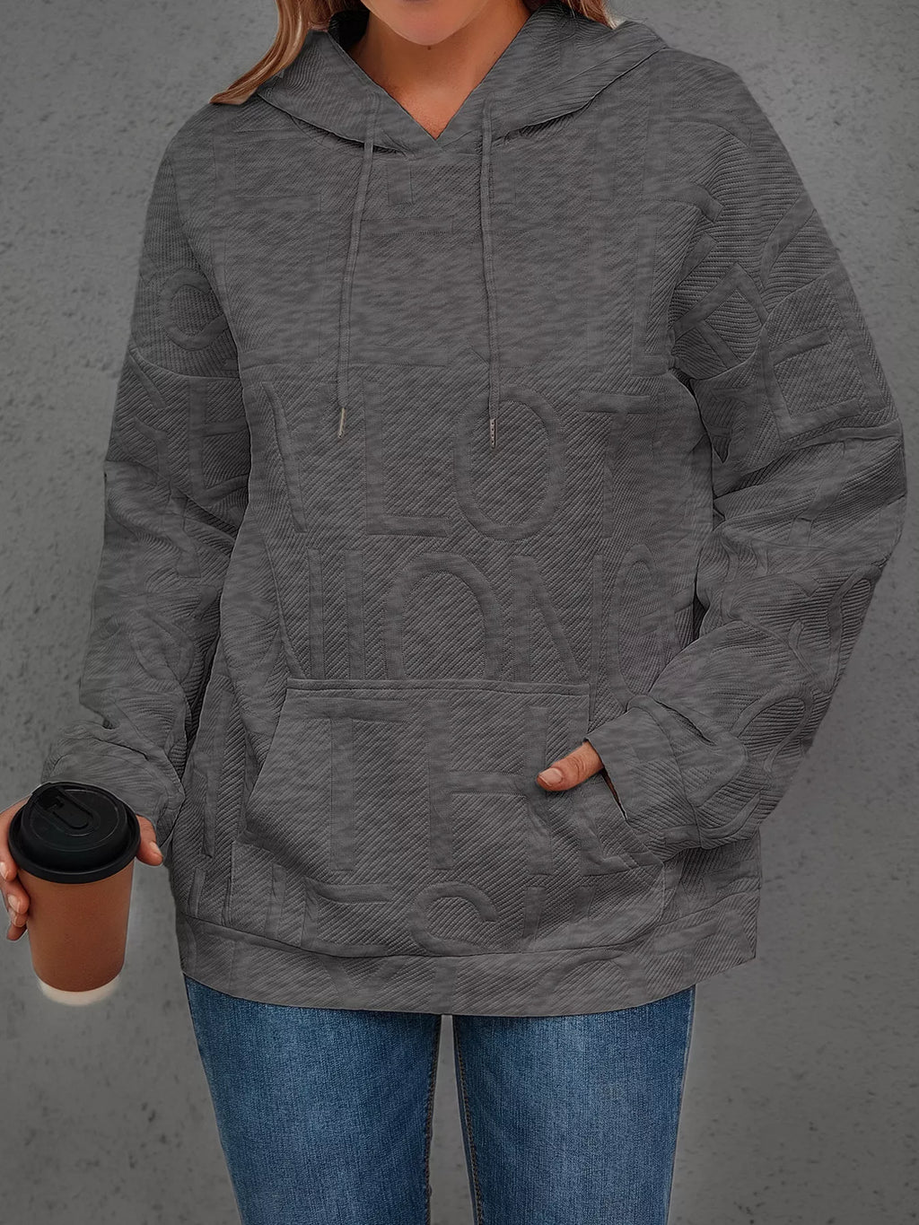 Full Size Textured Embossed Long Sleeve Hoodie Plus Size