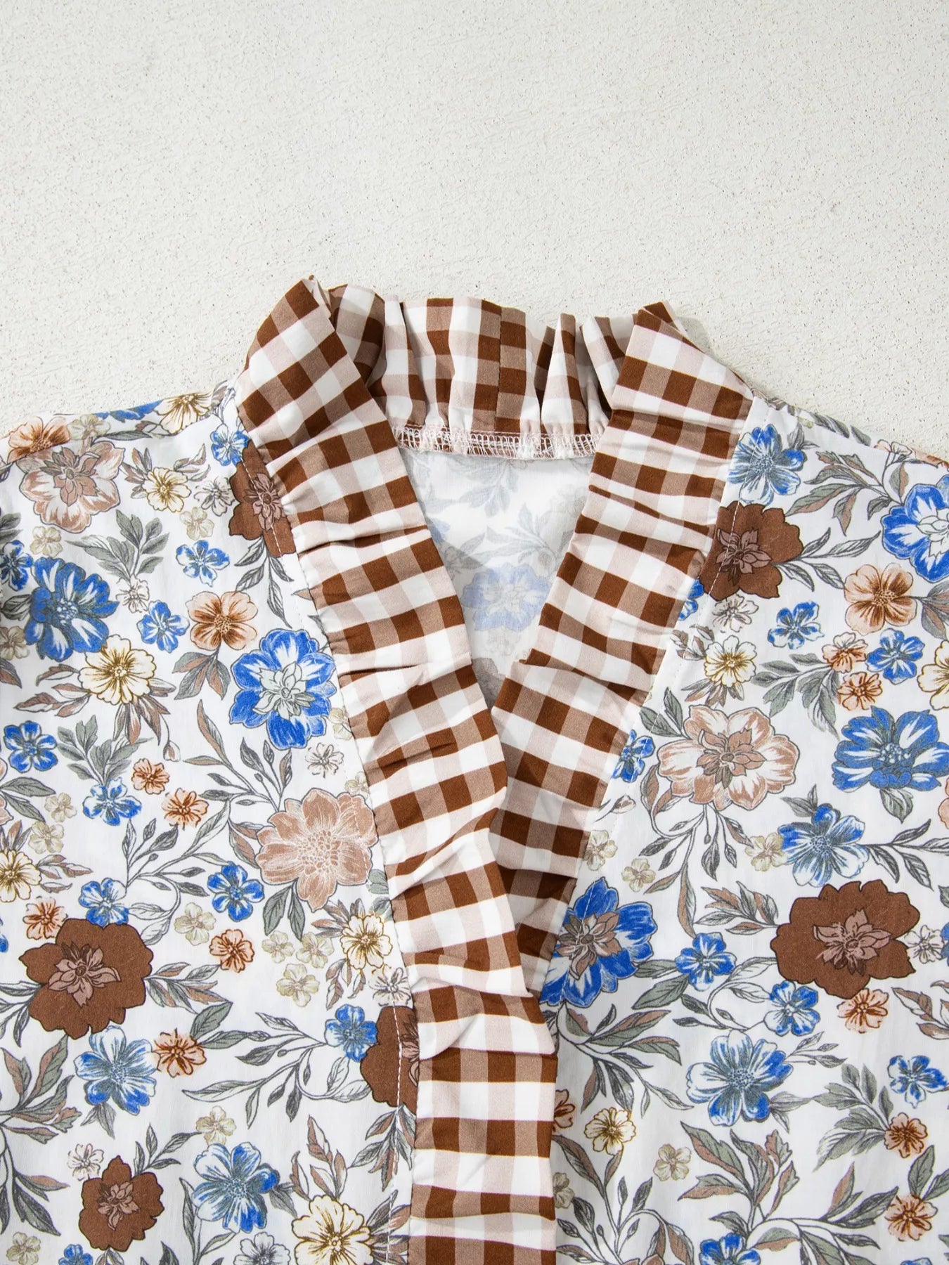 Plaid Frilled Trim V Neck Floral Long Sleeve Blouse