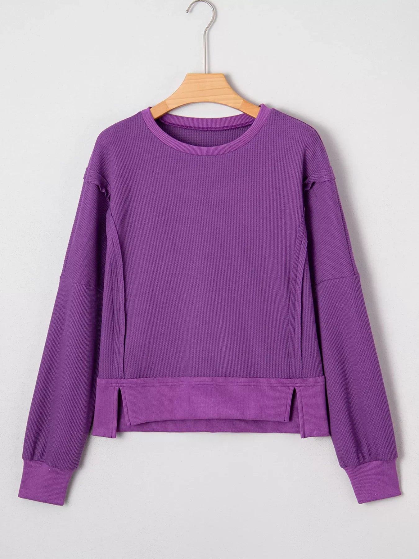 Solid Color Raw Seam Patchwork Ribbed Drop Shoulder Sweatshirt