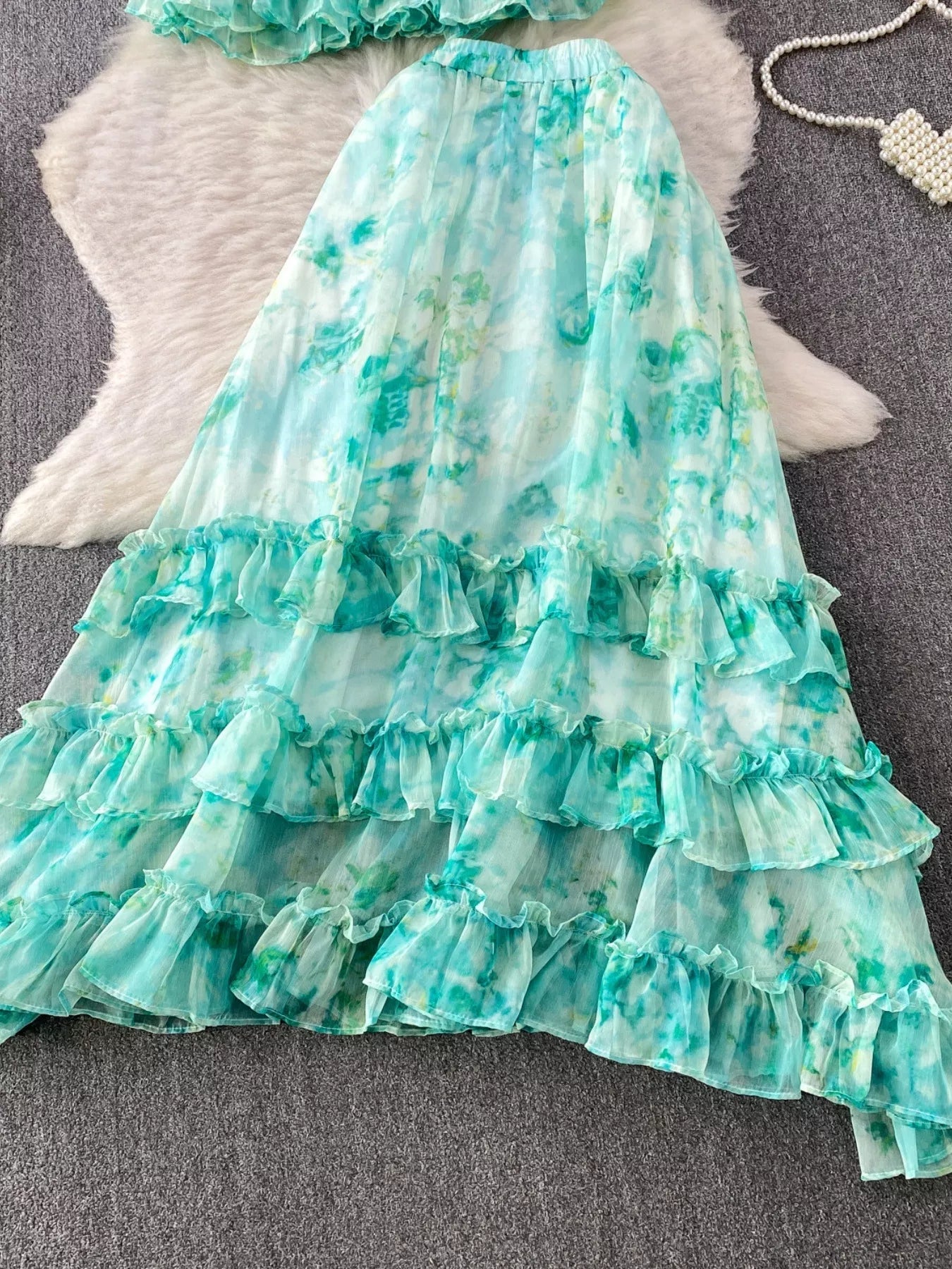 Floral Print Ruffle Hem Blouse and Skirt Set