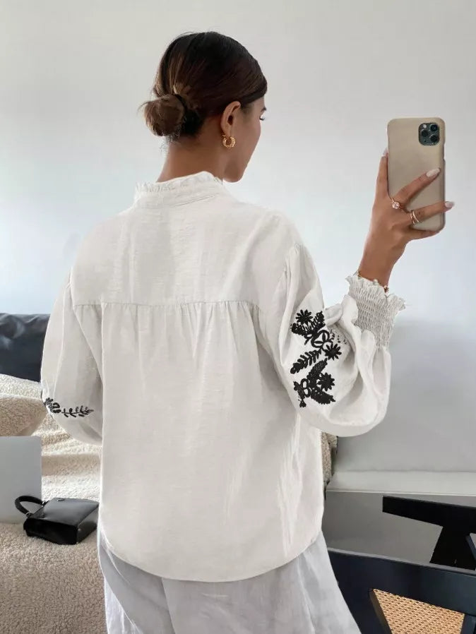 Embroidered Notched Long Sleeve Blouse