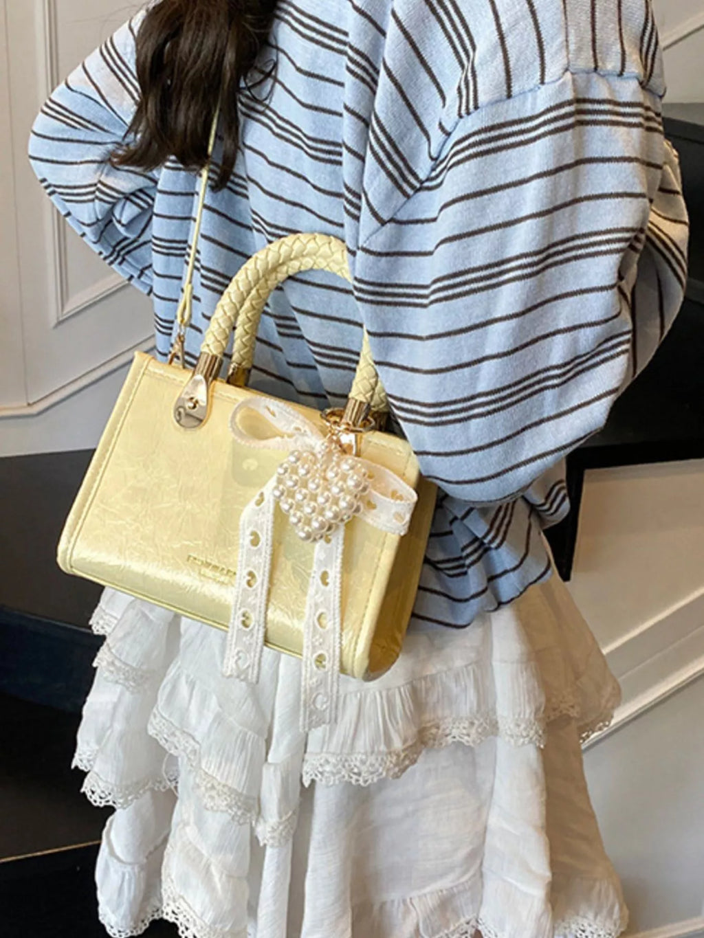 Braided Handle Pearl Decor Crossbody Bag