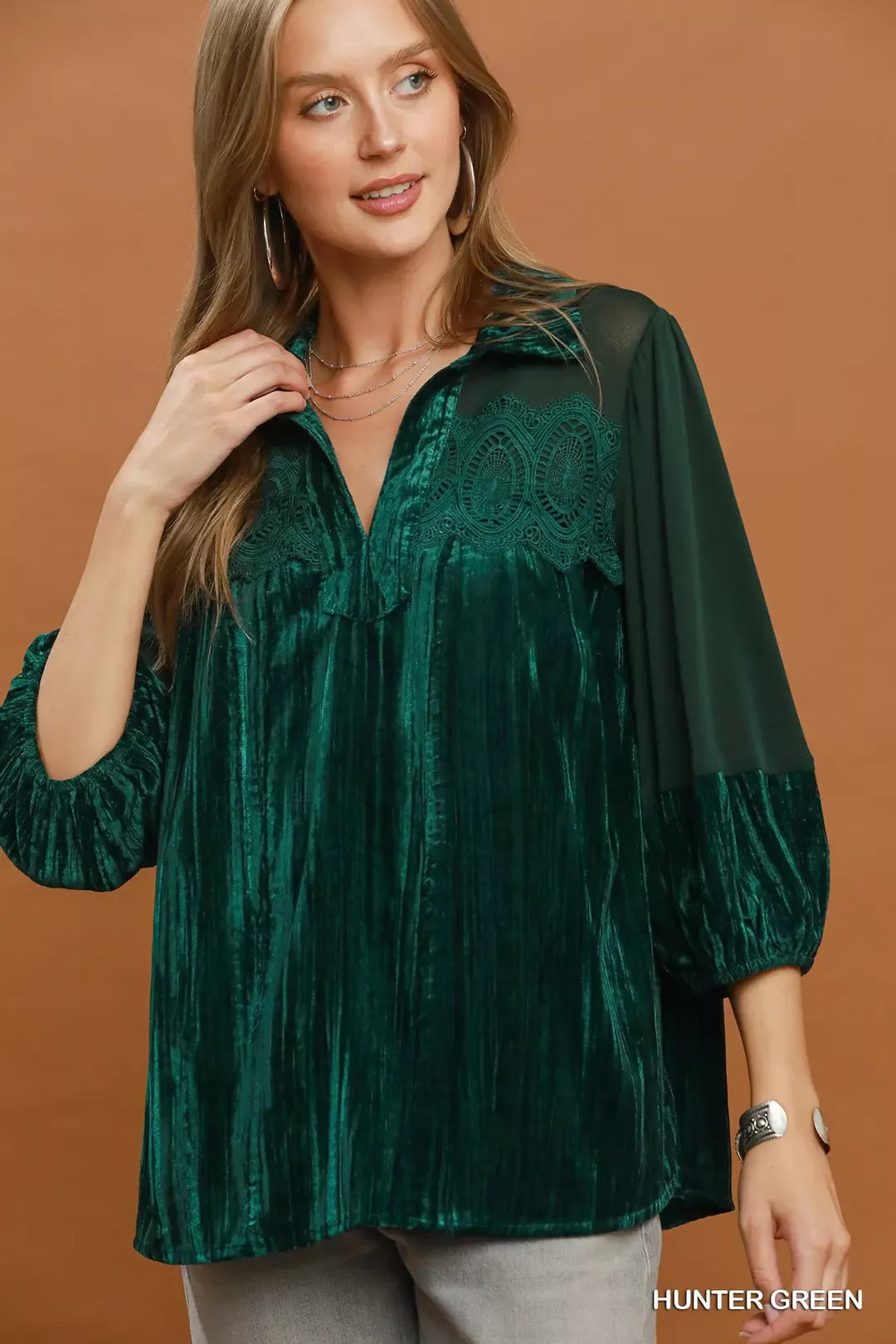 Umgee Velvet Lace Detail Mixed Fabric Blouse