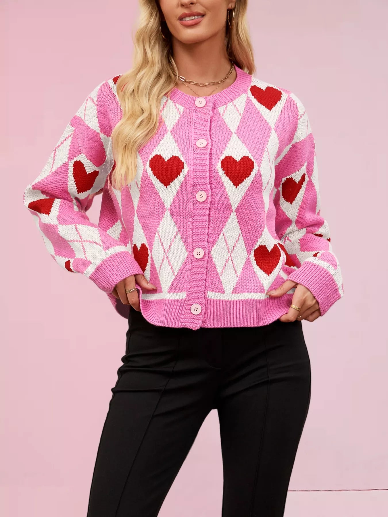 Heart Pattern Button-Up Cardigan