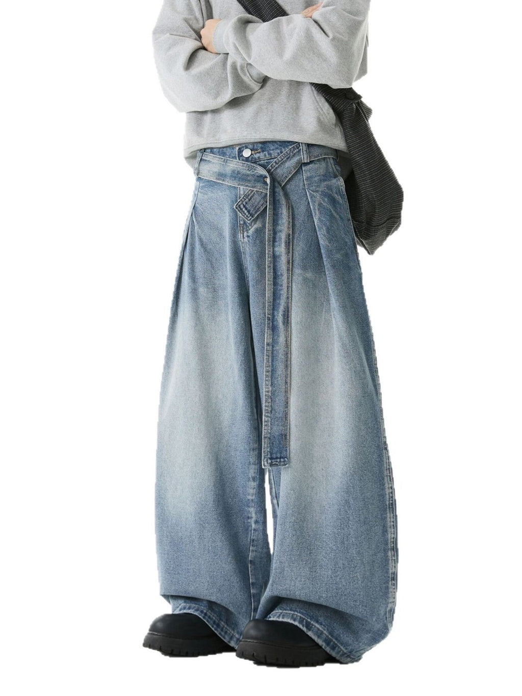 Men's Full Size Wash Belted Wide Leg Jeans Plus Size