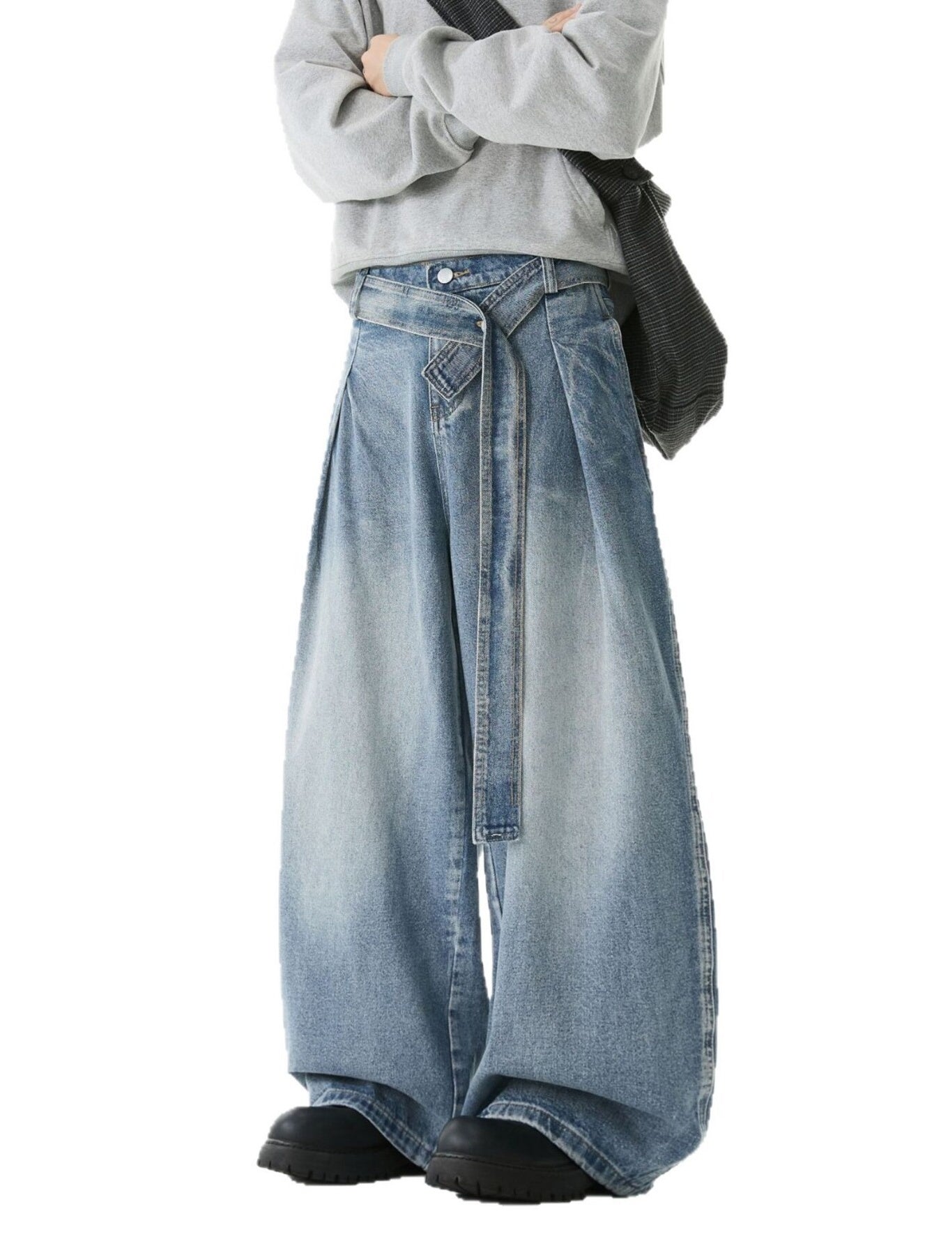 Men's Full Size Wash Belted Wide Leg Jeans Plus Size
