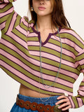 Stripes Waffle Texture Notched Neck Long Sleeve Top