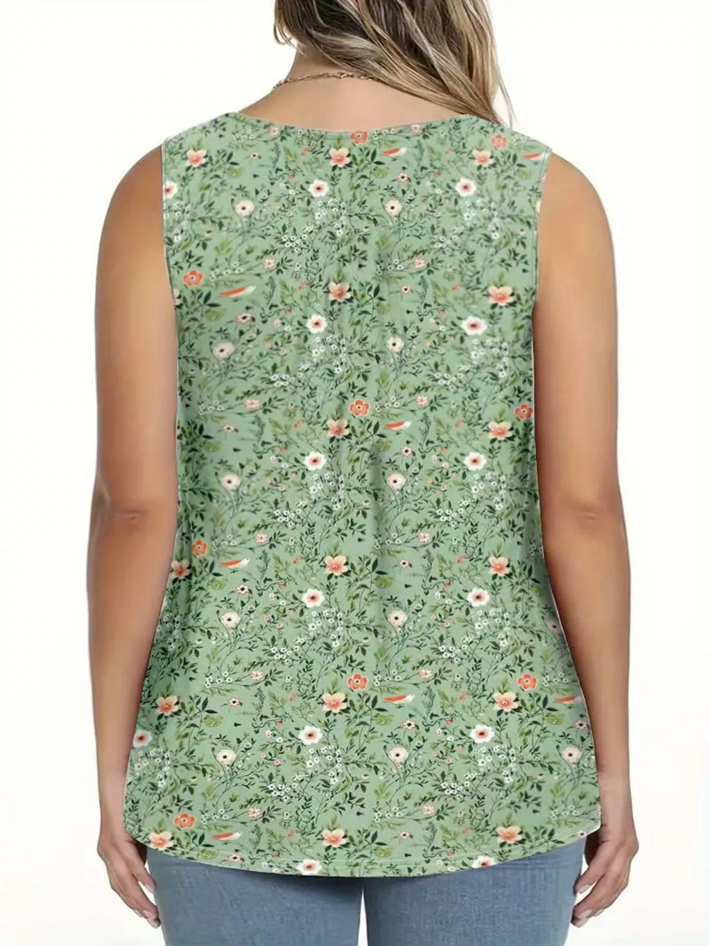 Full Size Floral Print Button Detail Tank Plus Size