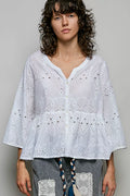 POL Eyelet Embroidery Peplum Button Front Cotton Shirt
