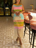 Fringe Crochet Knit Color Block Maxi Dress