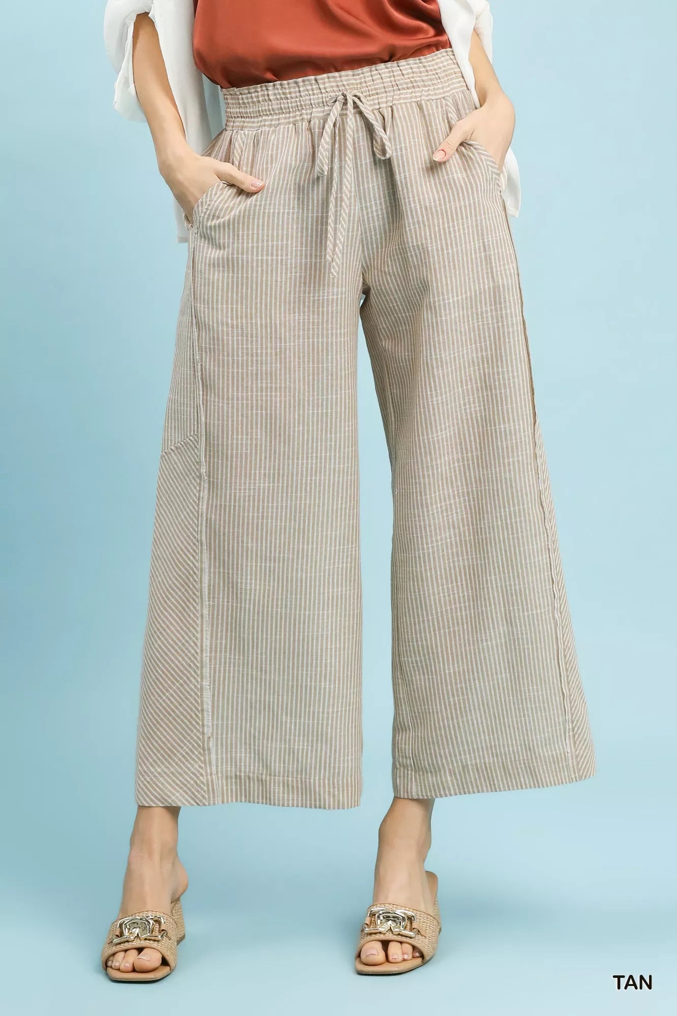 Umgee Linen Blend Striped Wide Leg Pants