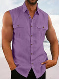 Men's Full Size Sleeveless Button-Up Shirt with Chest Pockets Plus Size