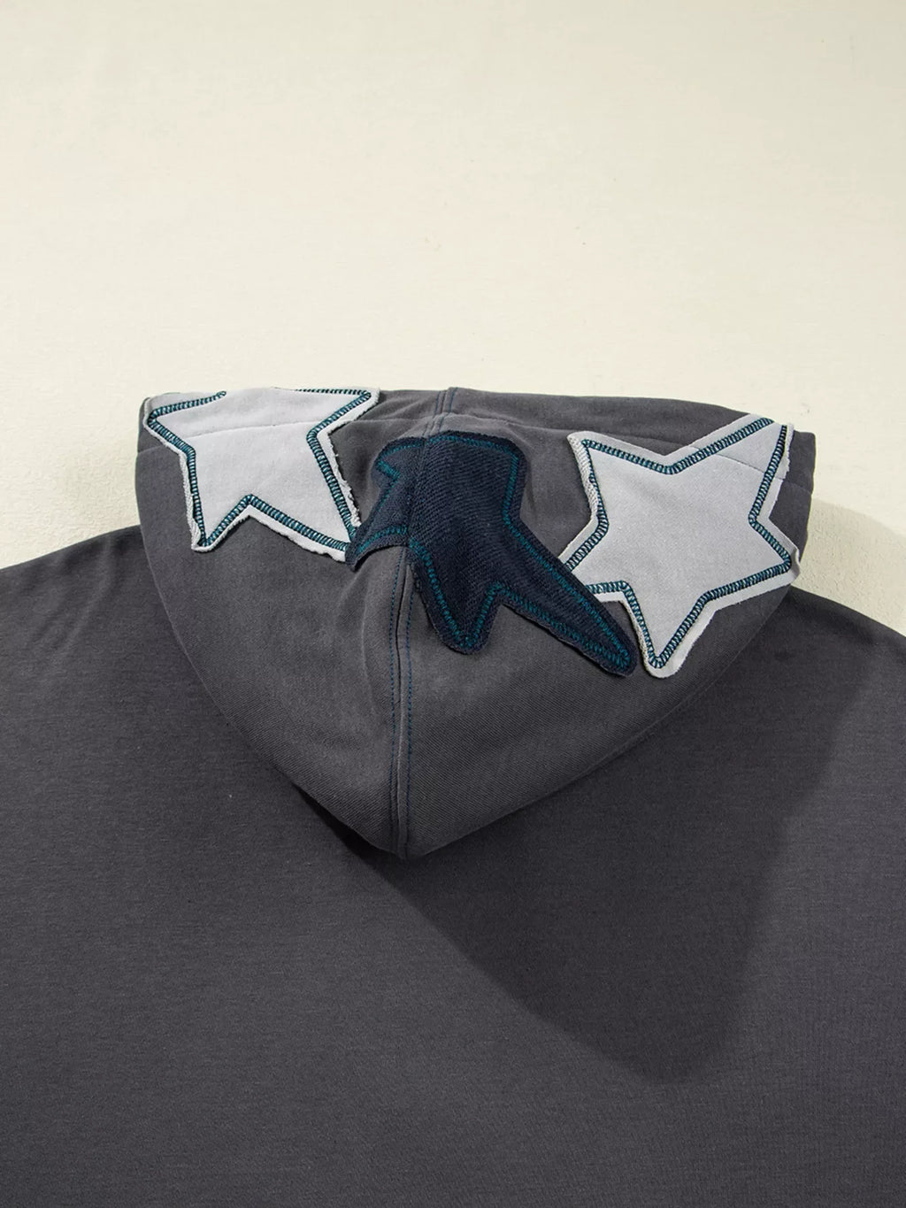 Star Patchwork Contrast Stitching Mineral Wash Kangaroo Pocket Hoodie