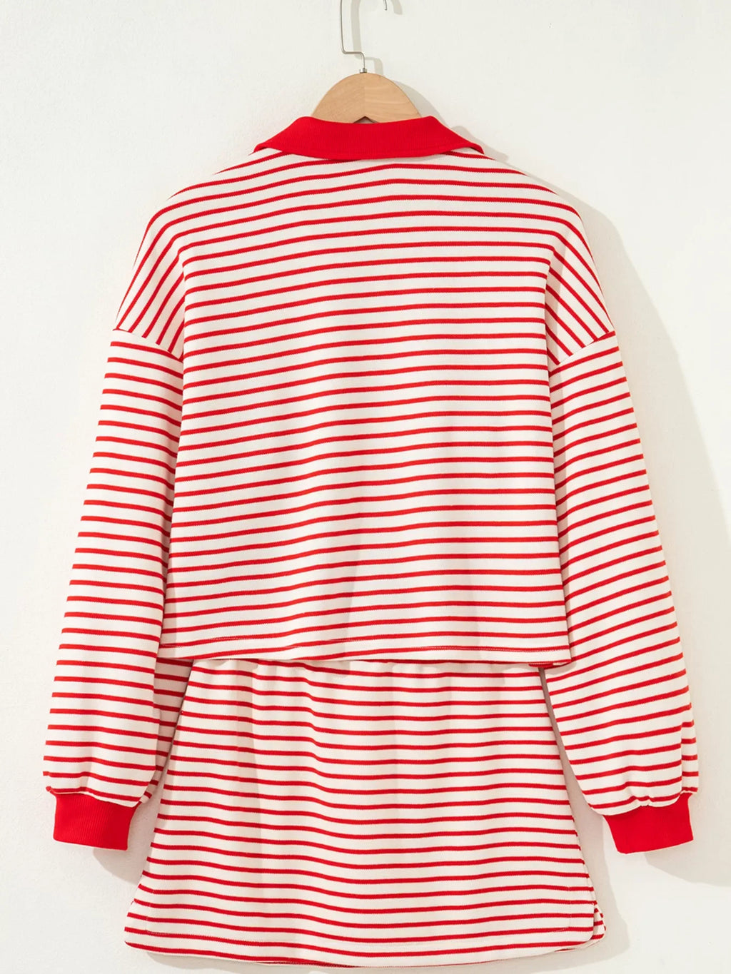 Stripe Collared V Neck Drop Shoulder Pullover and Skort 2pcs Outfit