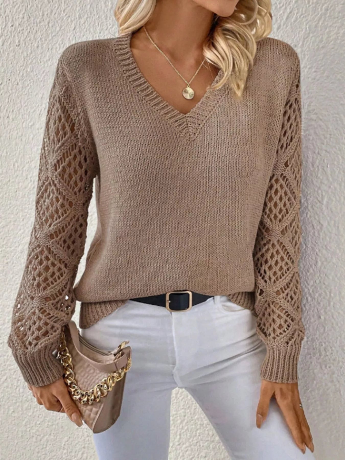 V-Neck Crochet Sleeve Sweater