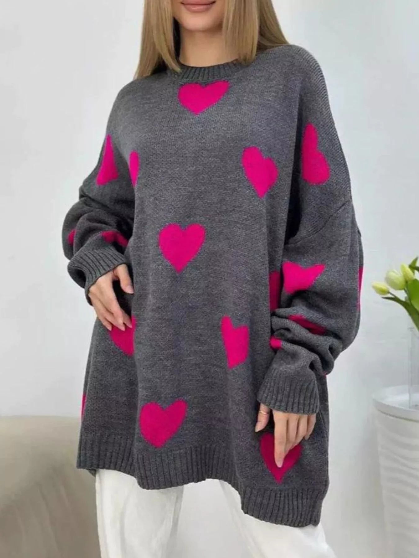 Heart Round Neck Oversized Knit Sweater