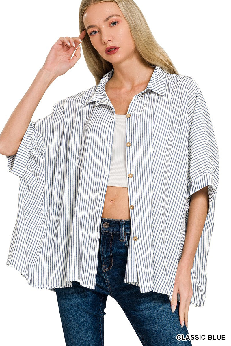 Zenana Woven Stripe Button Down Boxy Shirt