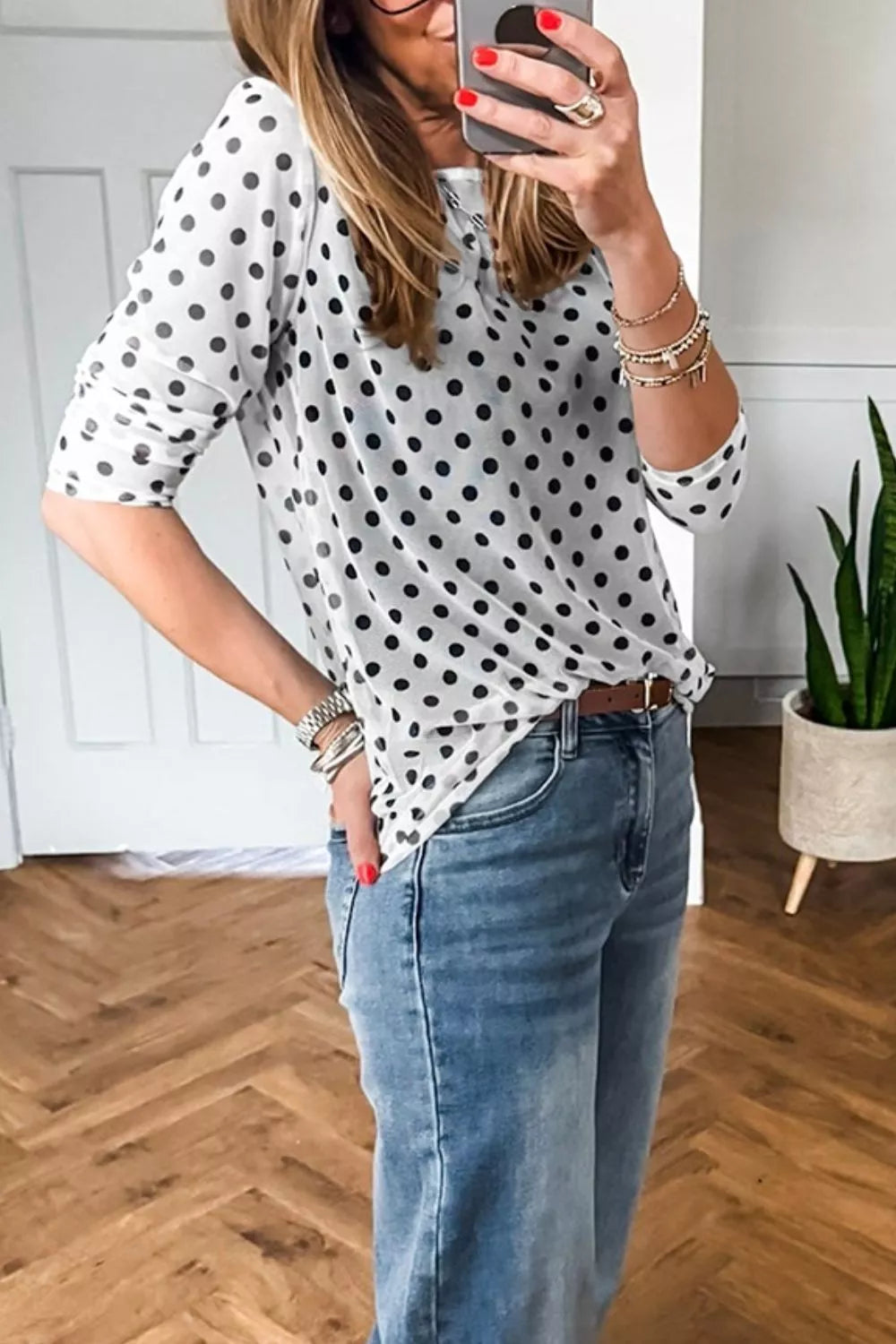 Polka Dot Sheer Mesh Long Sleeve Round Neck Shift Top