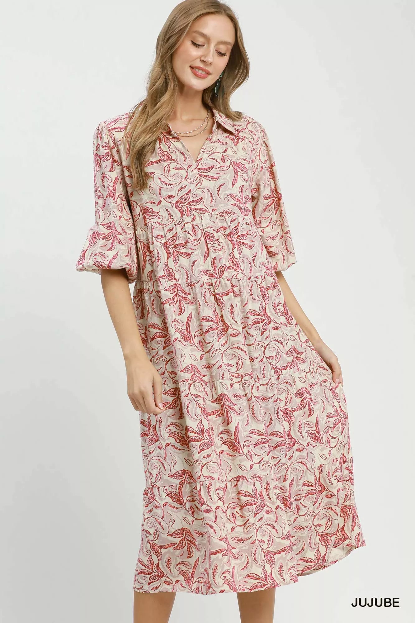 Umgee Linen Botanical Print Tiered Midi Dress