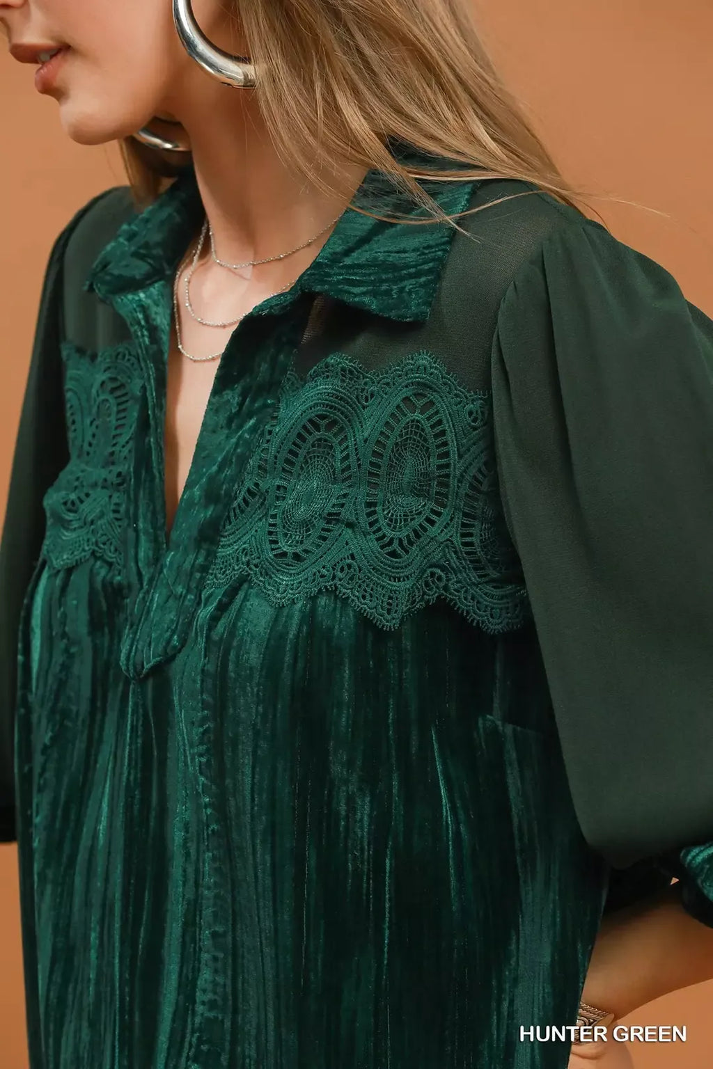 Umgee Velvet Lace Detail Mixed Fabric Blouse
