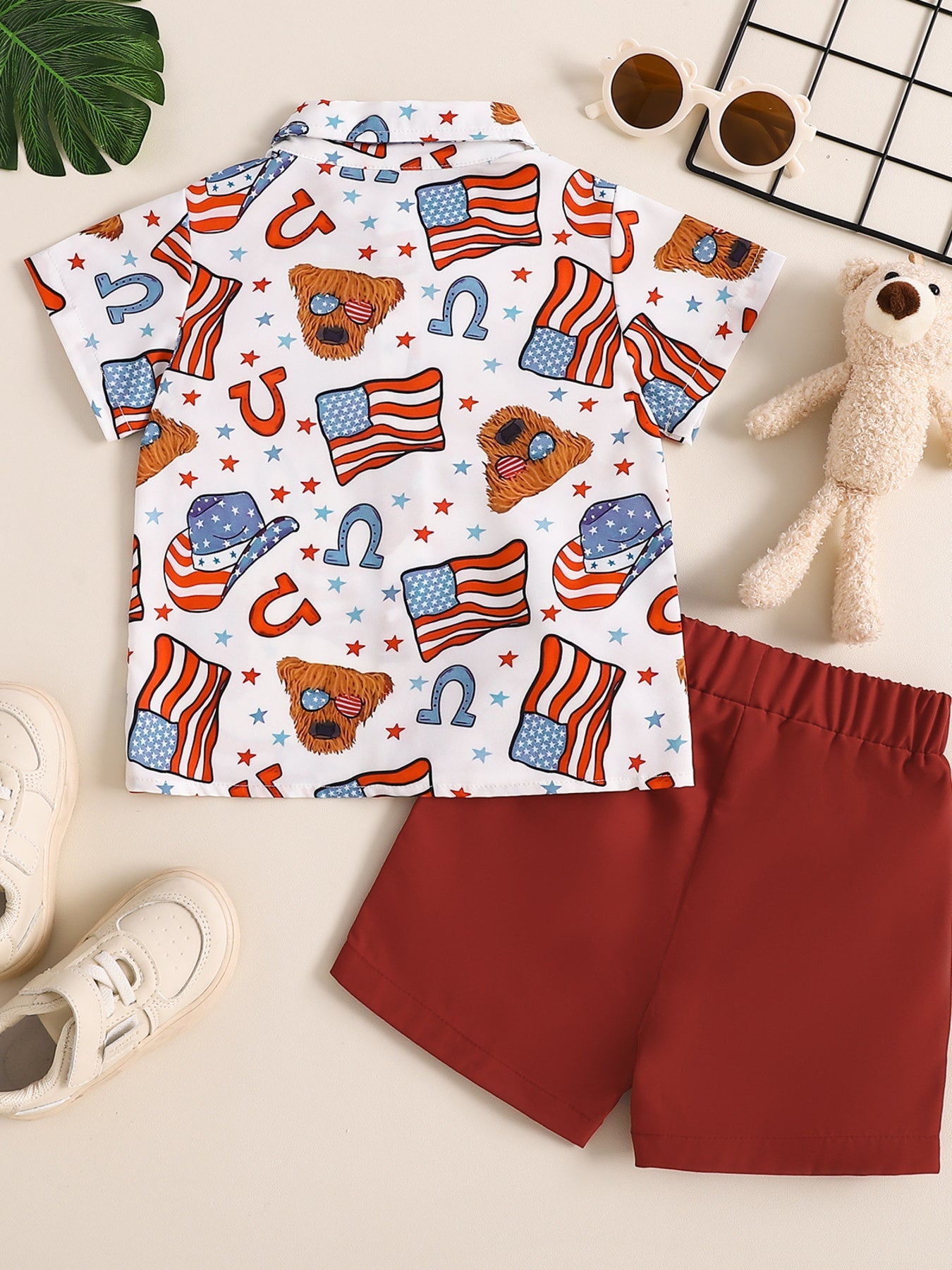 Children's American Flag Print Bow Tie Shirt & Shorts Set