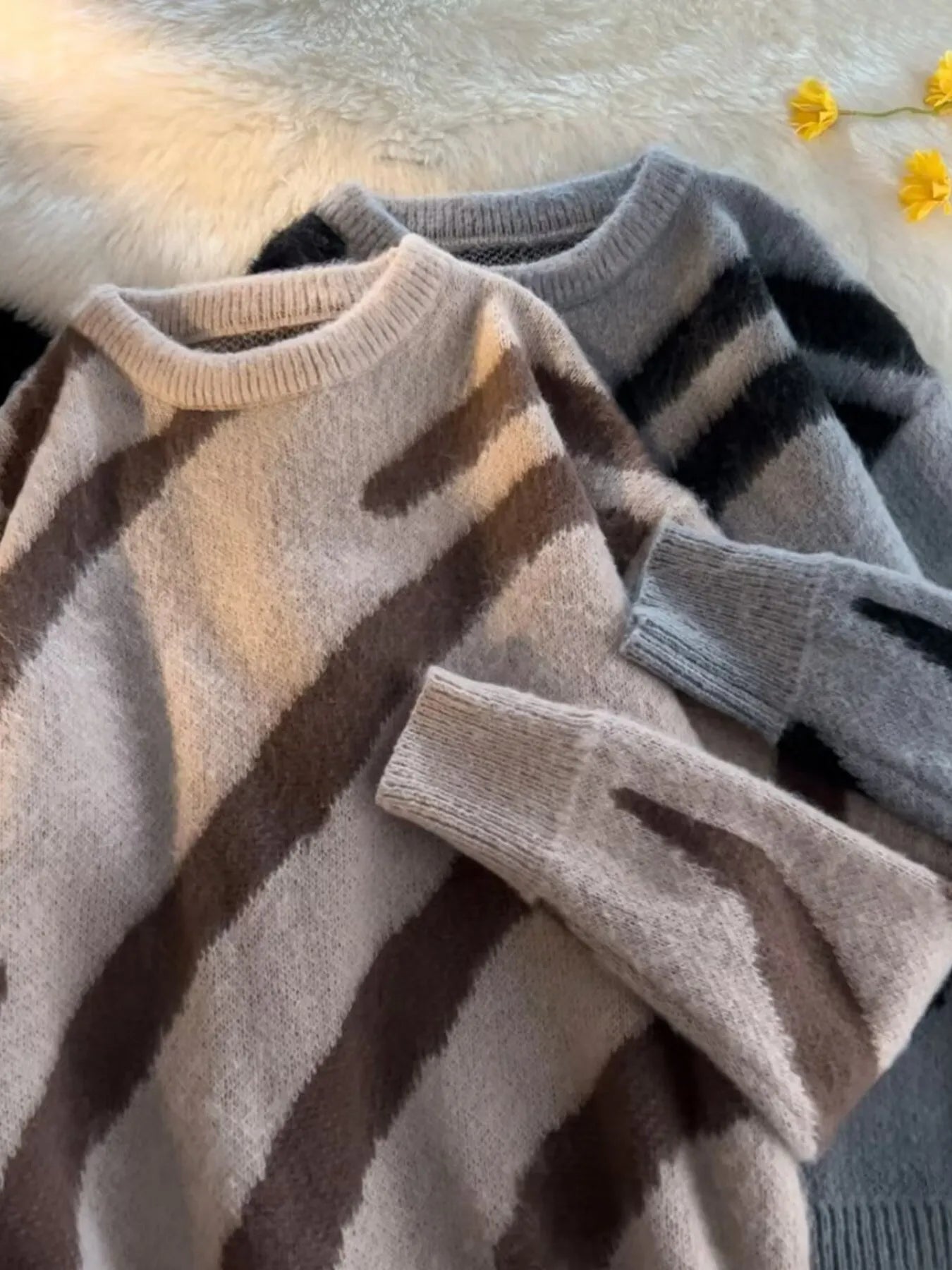 Men's Striped Fuzzy Knit Pullover Sweater