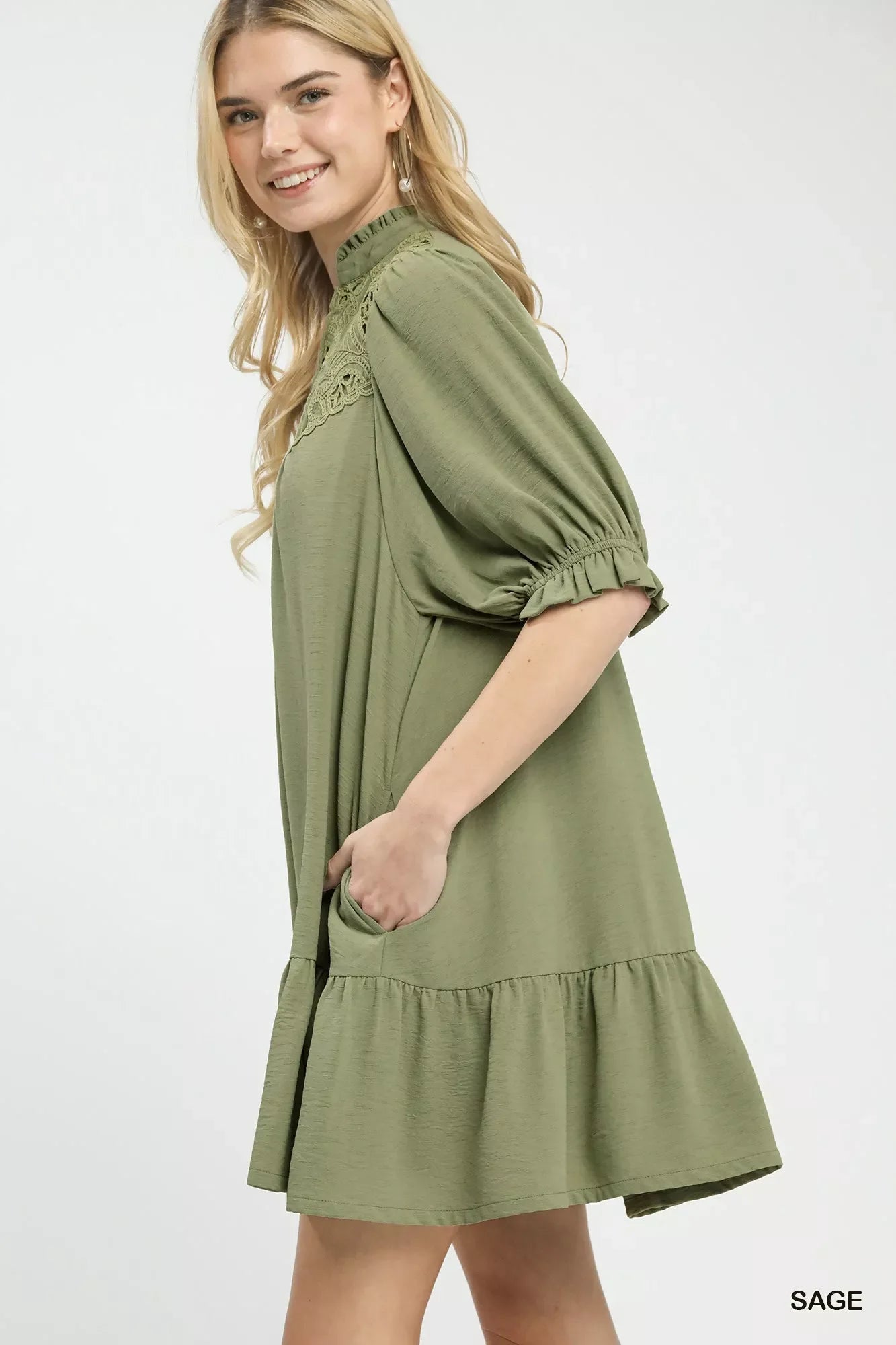 Umgee Lace Yoke Tiered Mini Dress