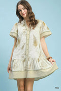 Umgee Linen Printed Button-Front Tiered Mini Dress