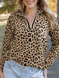 Leopard Polo Collar V Neck Pullover Top