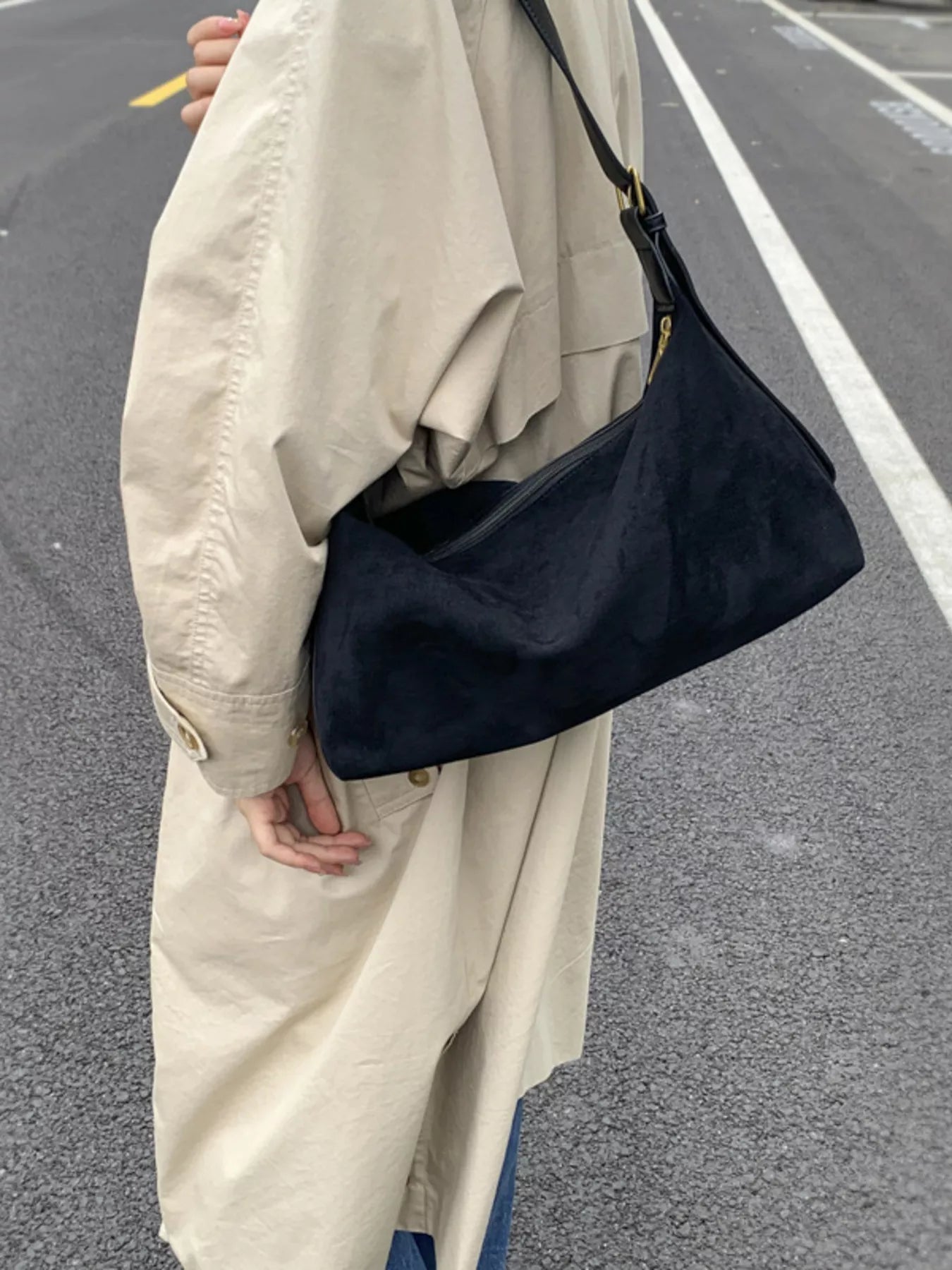 Solid Color Suede Hobo Crossbody Bag