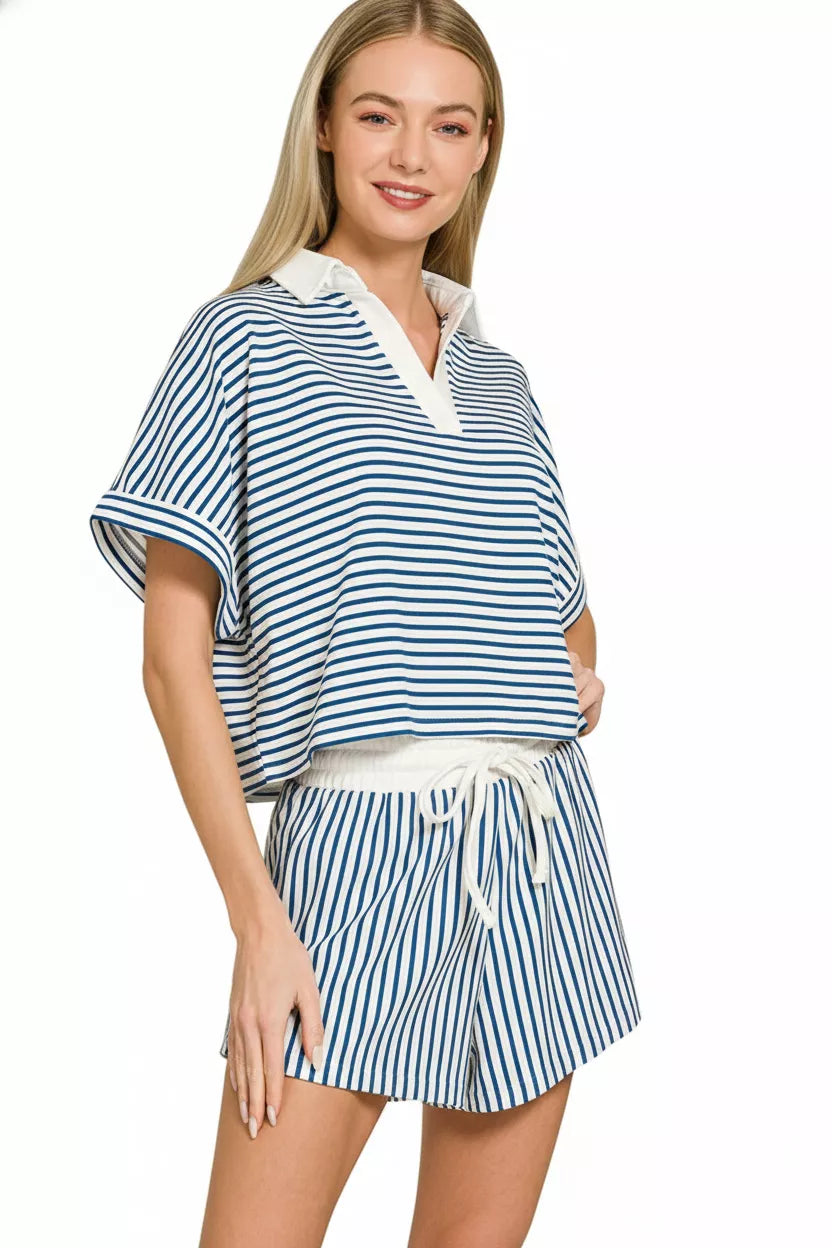 Zenana Striped Collared Top & Shorts Set