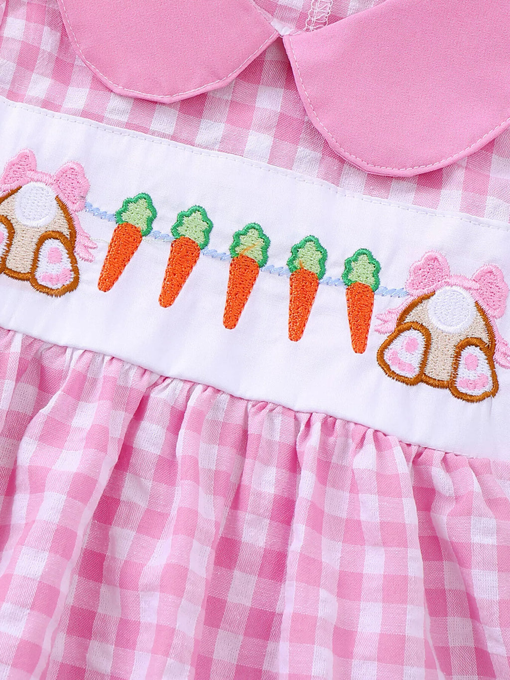 Children's Gingham Bunny & Carrot Embroidered Peter Pan Collar Smocked Dress