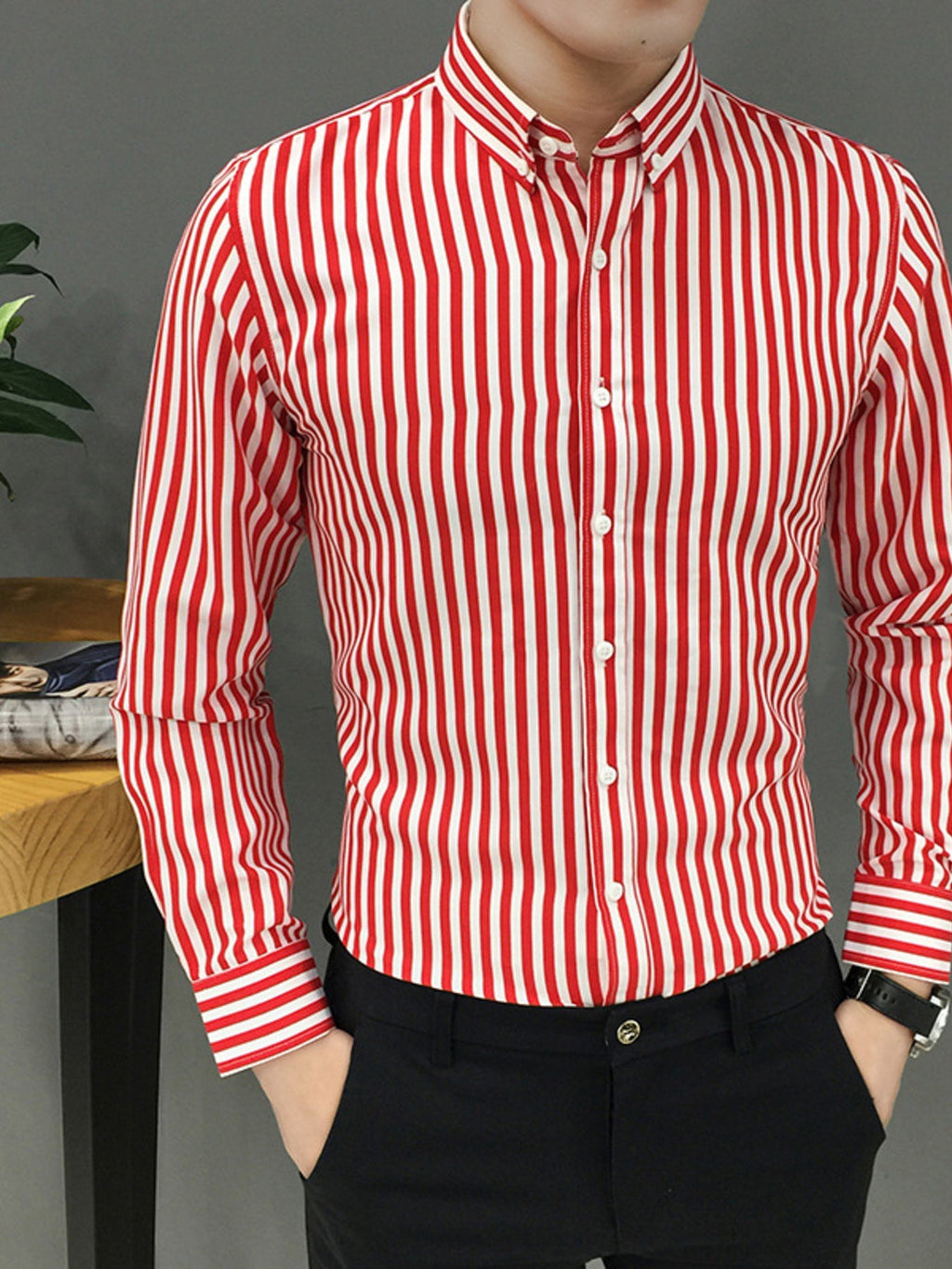 Men's Plus Size Striped Button Up Long Sleeve Shirt