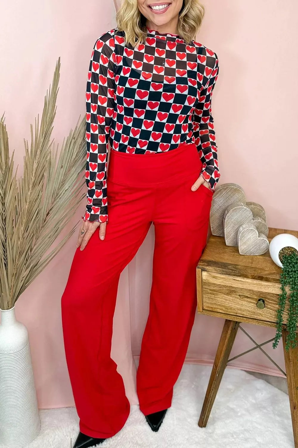 Plaid Heart Mesh Sheer Long Sleeve High Neck Top