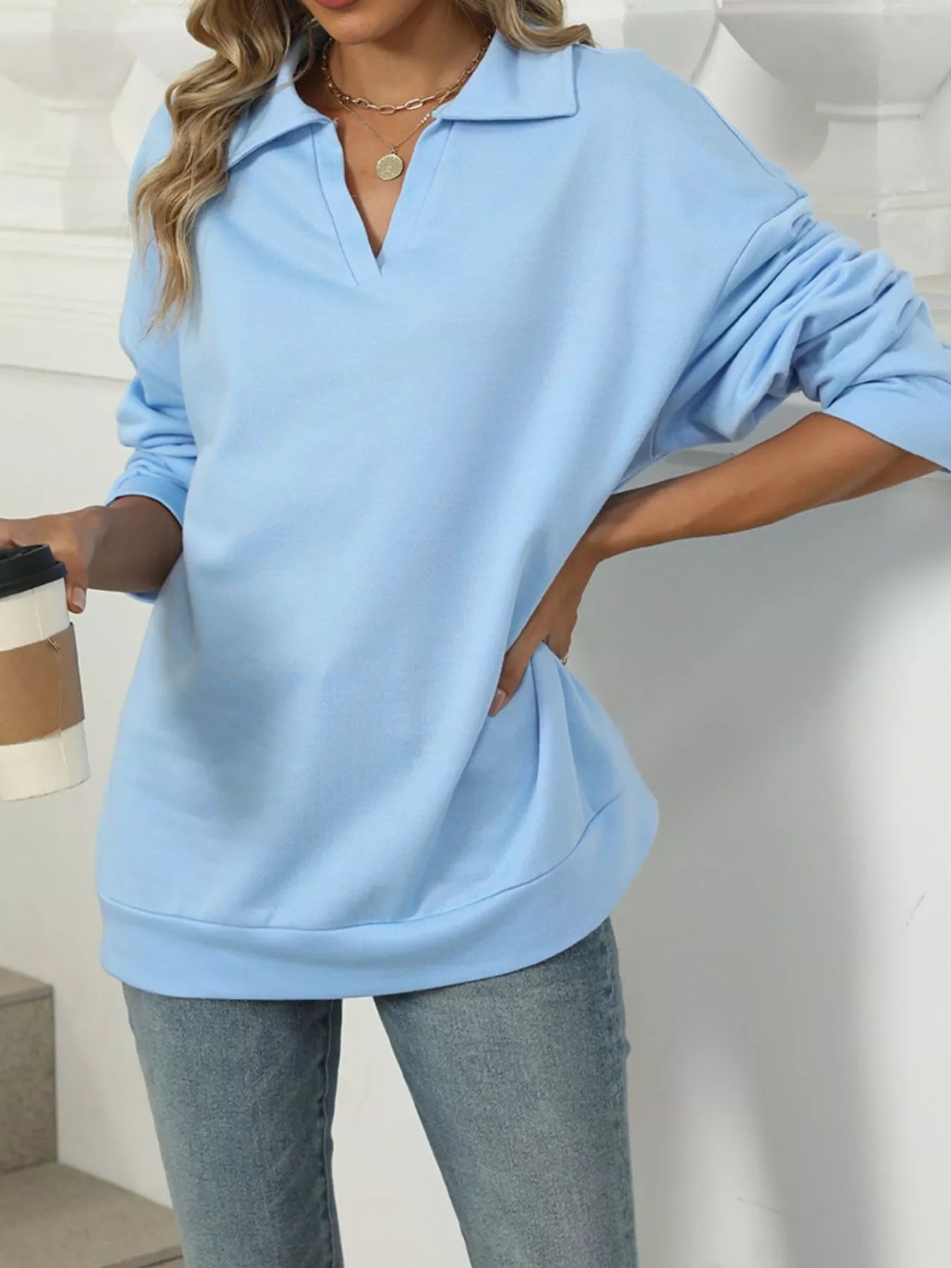 Johnny Collar Drop Shoulder Long Sleeve Sweatshirt