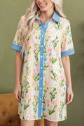 Multicolour Floral Print Striped Trim Button Down Shift Dress