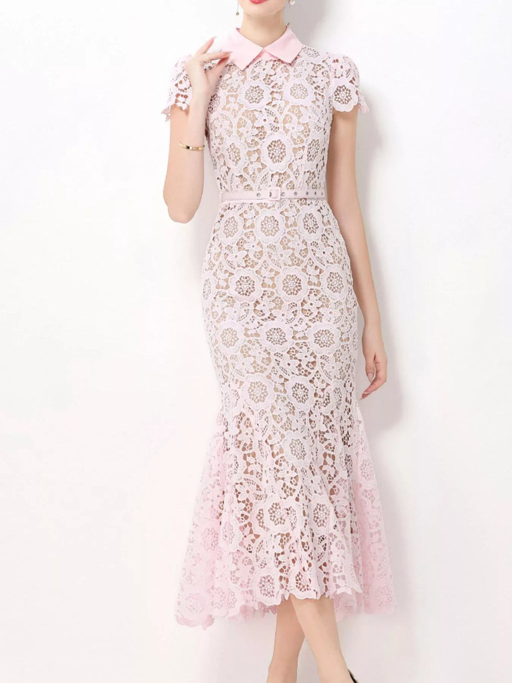 Lace Short Sleeve Midi Dress