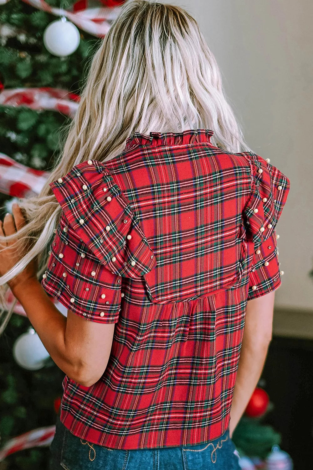 Plaid Pearl-Embellished Tie Neck Blouse