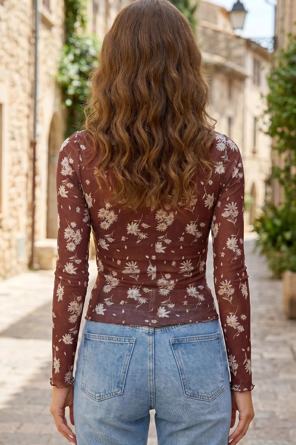 Floral Print Sheer Mesh Long Sleeve Top