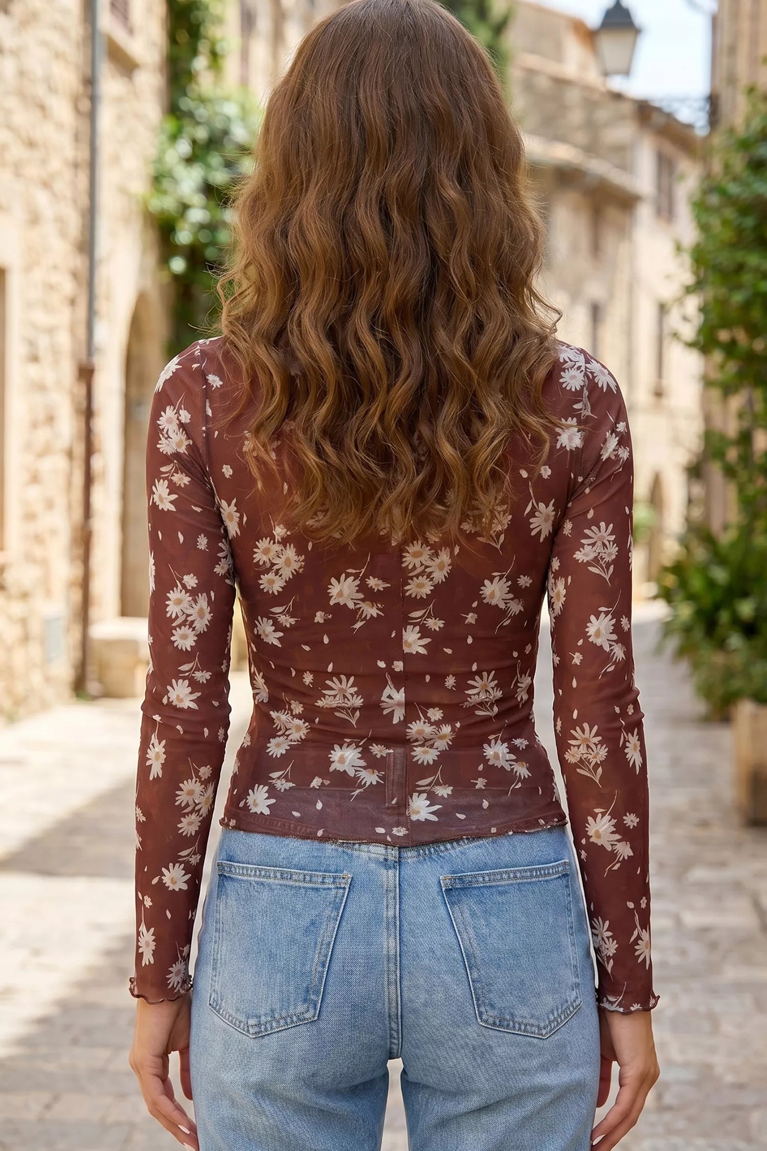 Floral Print Sheer Mesh Long Sleeve Top