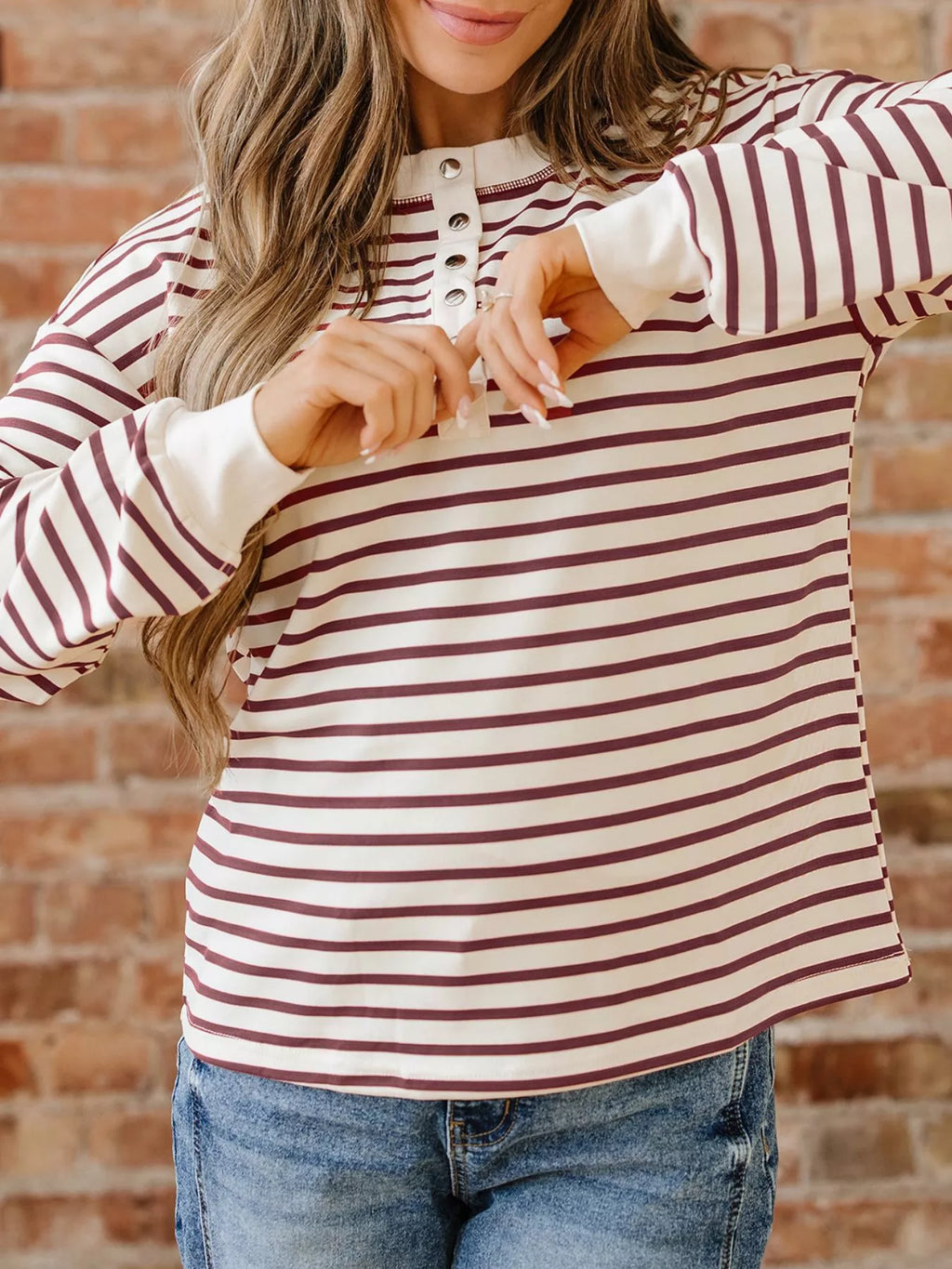 Striped Drop Shoulder Long Sleeve Henley Top