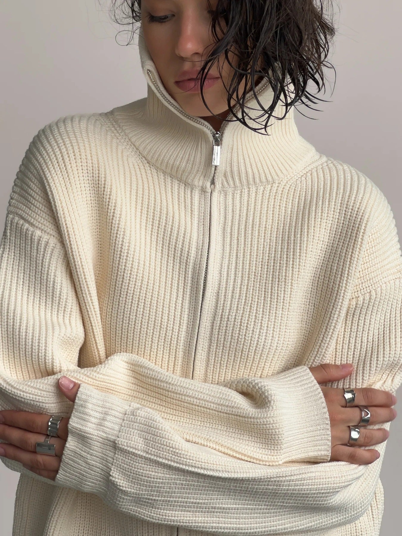 Zip-Up Ribbed Knit Cardigan