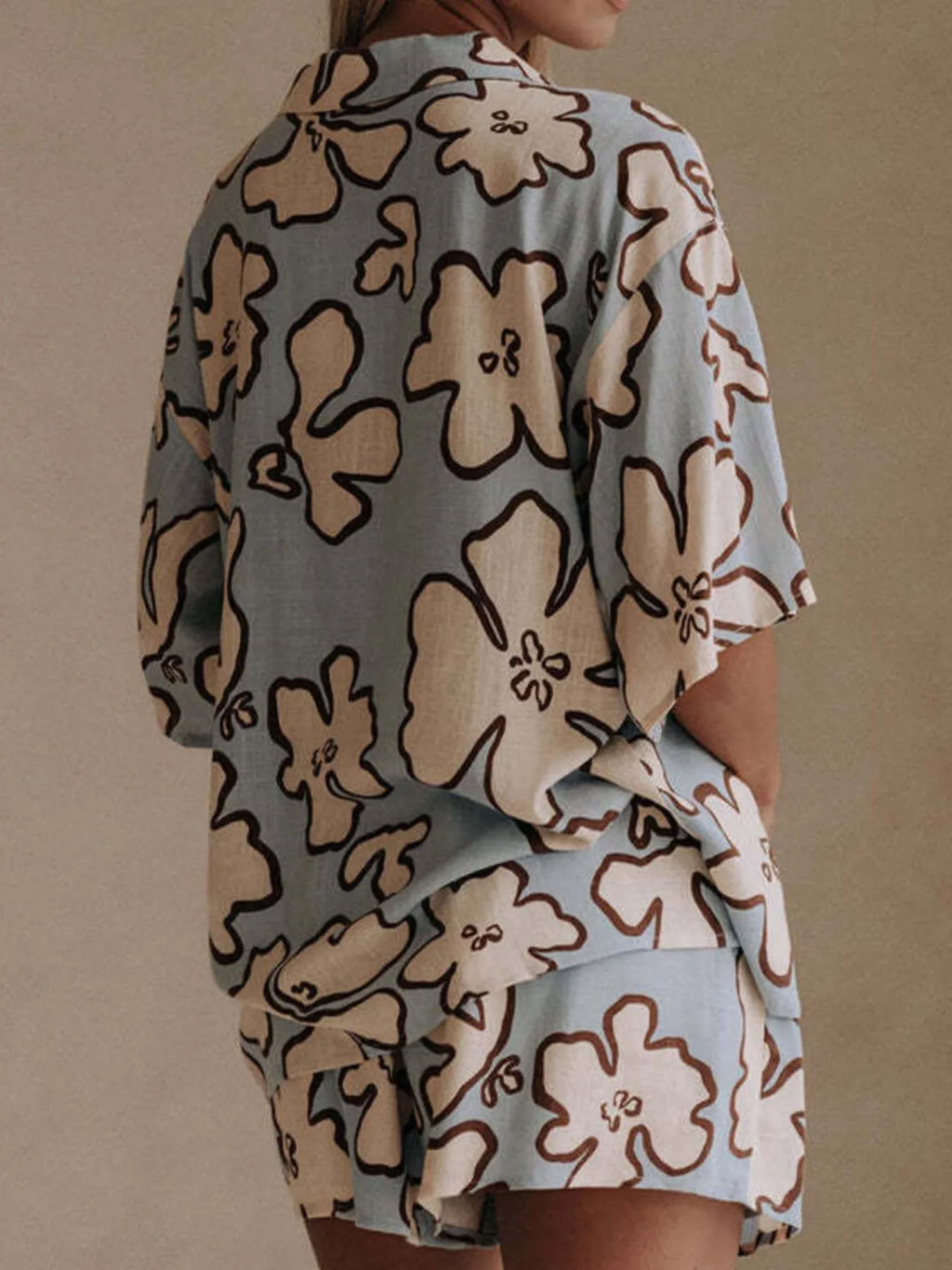 Printed Button Up Shirt and Shorts Set