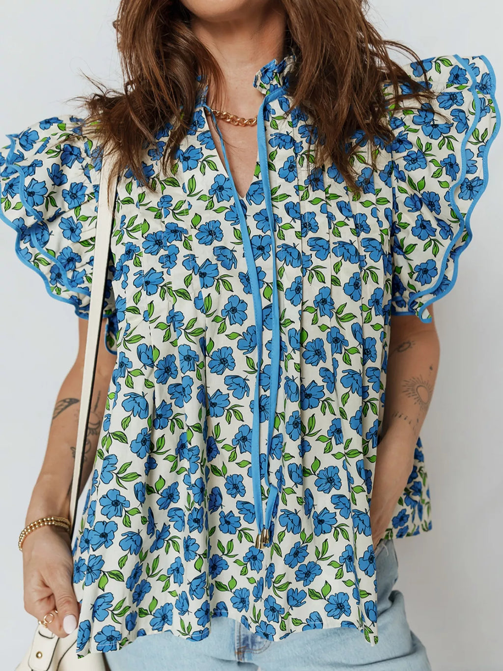 Floral Print Ruffle Sleeve Tie Neck Blouse